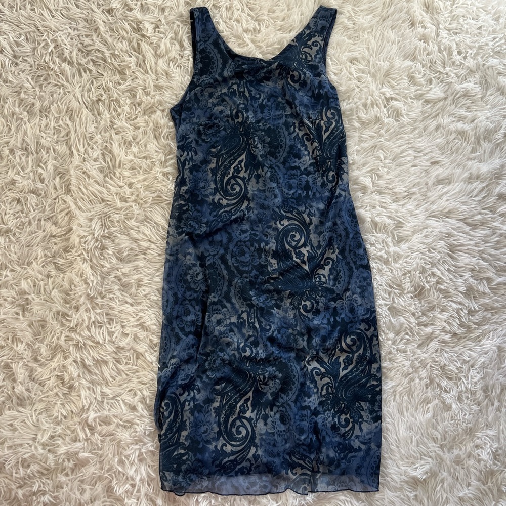 Up Front Sleeveless Navy Paisley Sheath Dress